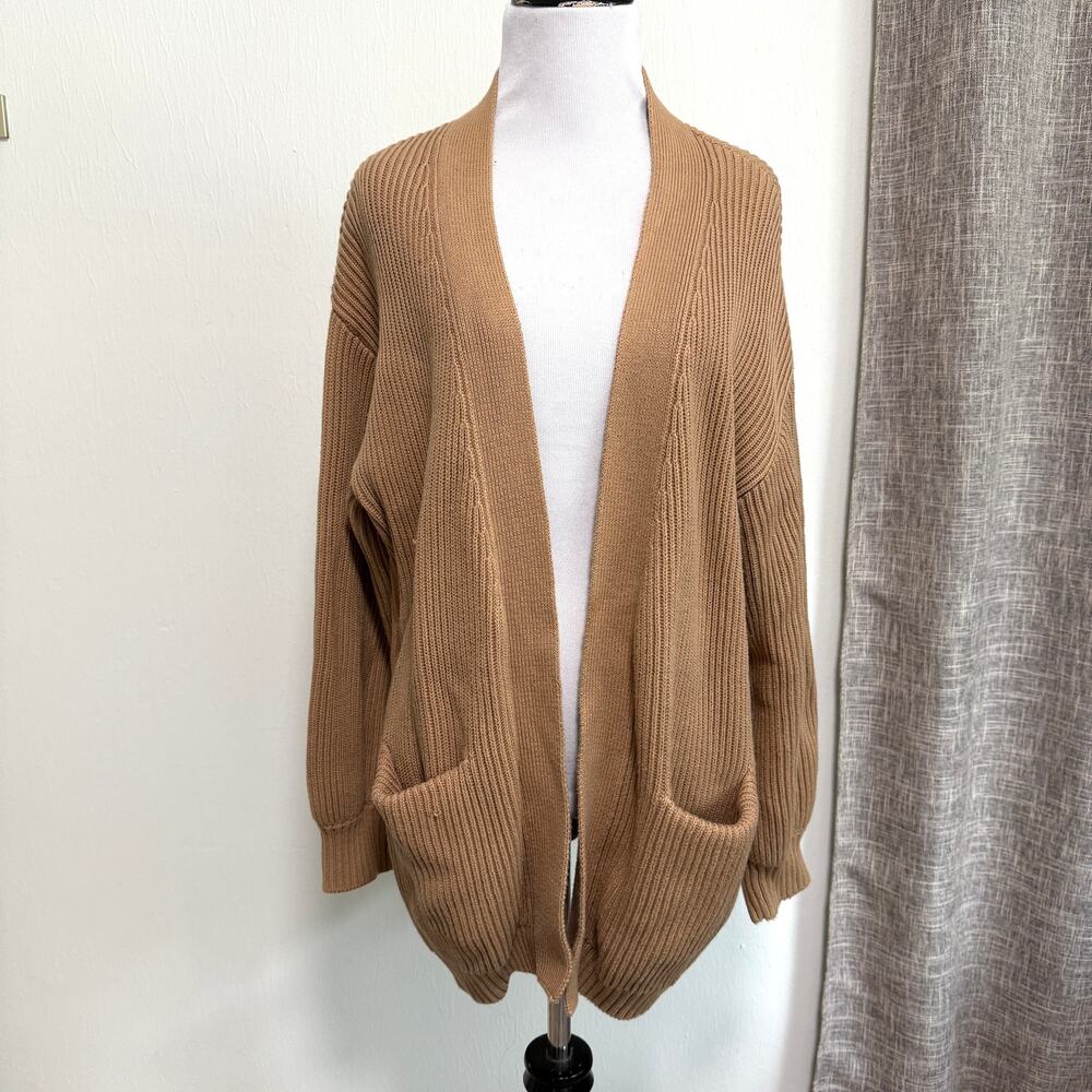 Quince Organic Cotton Oversized Knit Cardigan M Camel Tan Open Front Minimalist